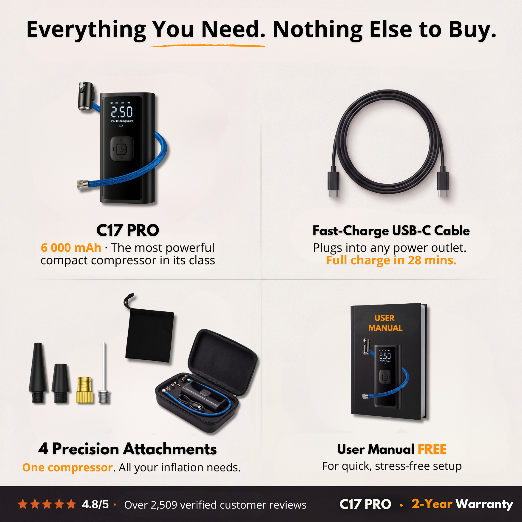 C17 PRO | Potente compresor de aire portátil – Compacto, ligero y recargable