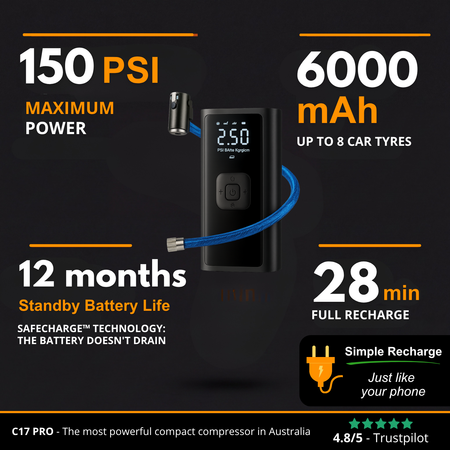 C17 PRO | Potente compresor de aire portátil – Compacto, ligero y recargable
