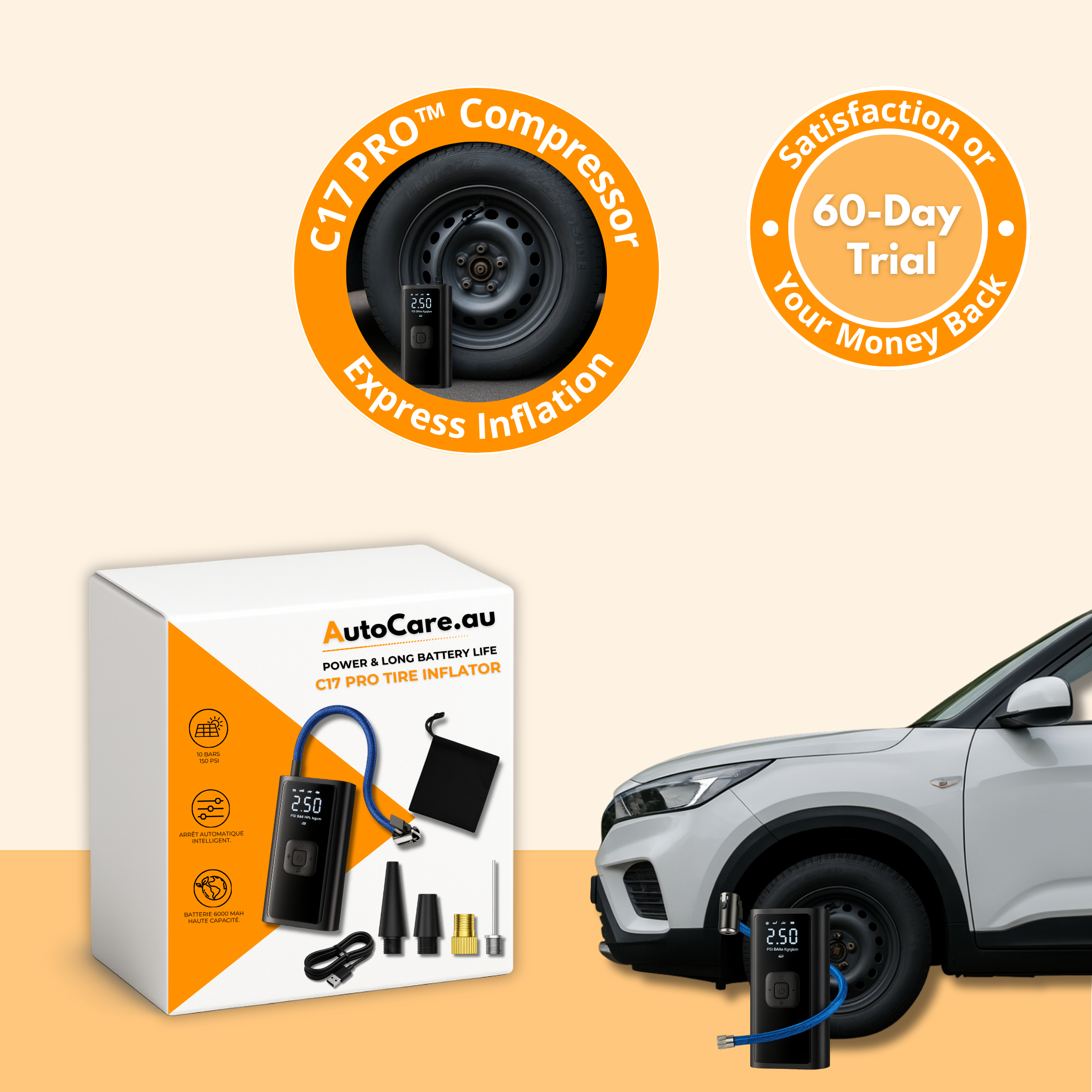 C17 PRO | Potente compresor de aire portátil – Compacto, ligero y recargable