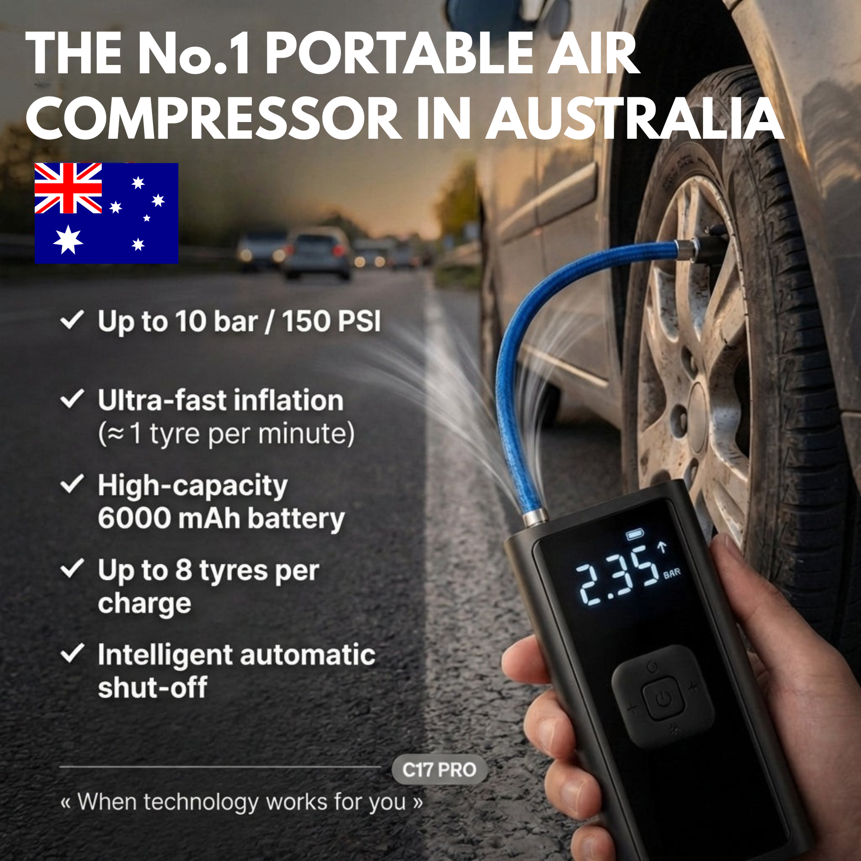 C17 PRO | Potente compresor de aire portátil – Compacto, ligero y recargable