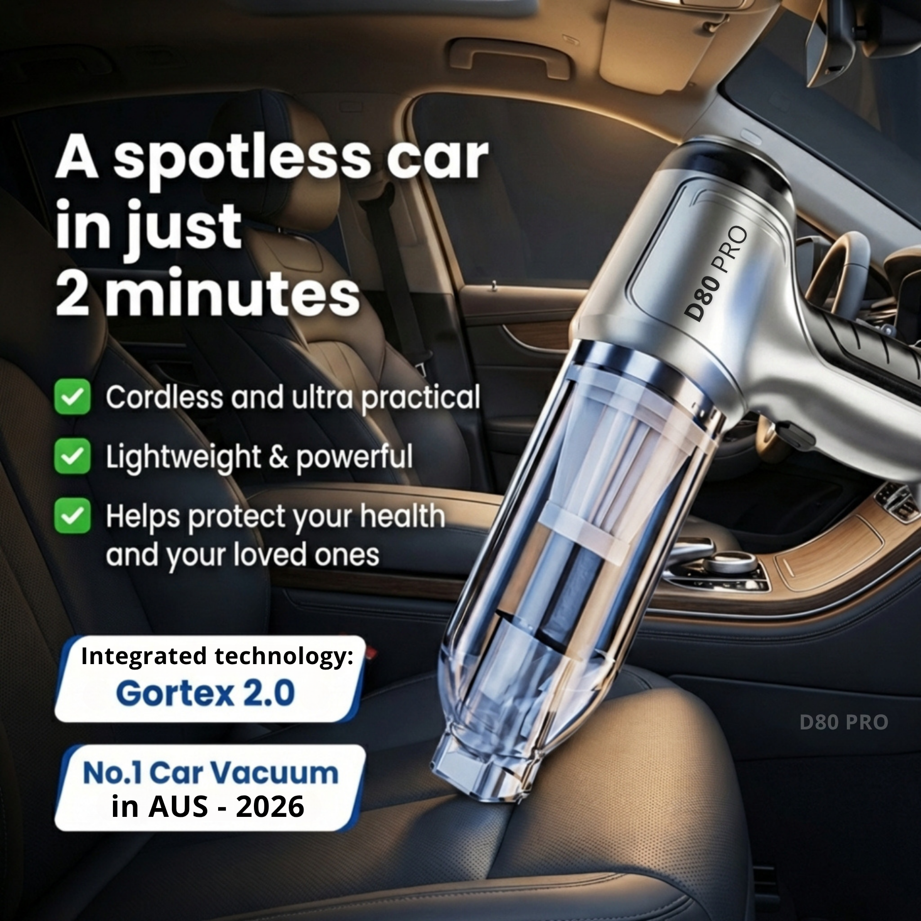 D80 PRO | Potente aspiradora inalámbrica para carro – Compacta, ligera y recargable